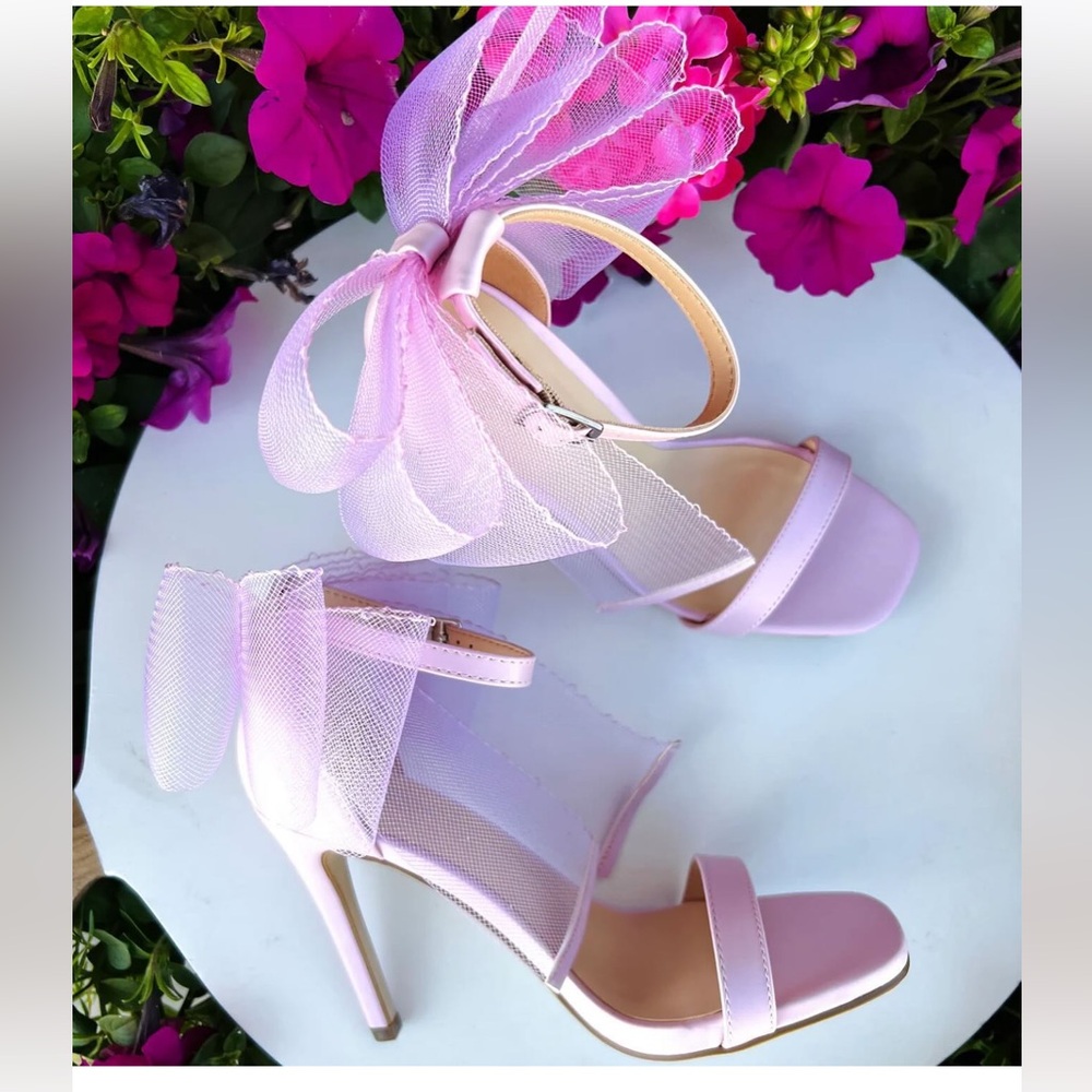 Bow Heels Pink Women's High Heels Open Toe Ankle Strap - Picture 5 of 6